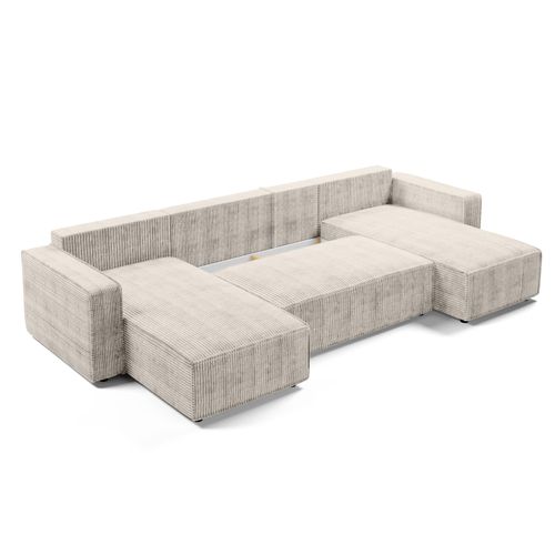Canapé Panoramique En Velours Côtelé Crème Aydin U 338/169/85 Cm - Coffre + Lit