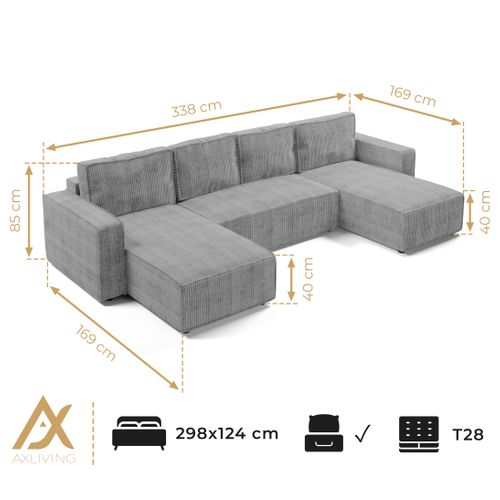 Canapé Panoramique En Velours Côtelé Crème Aydin U 338/169/85 Cm - Coffre + Lit