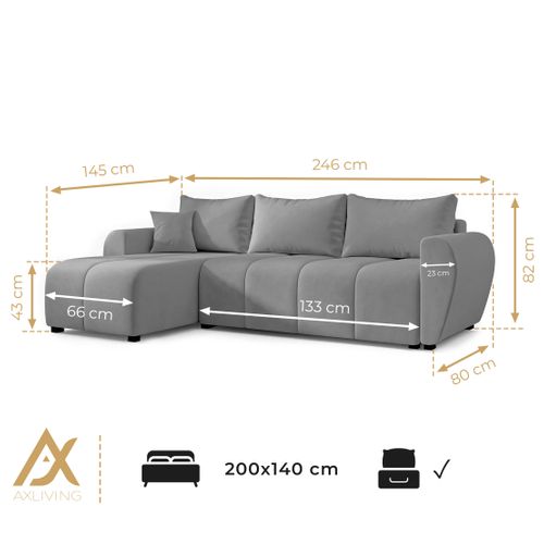 Canapé D'angle Gauche En Tissu Gris Malatya 246/145/82 Cm - Avec Coffre Et Fonction Lit