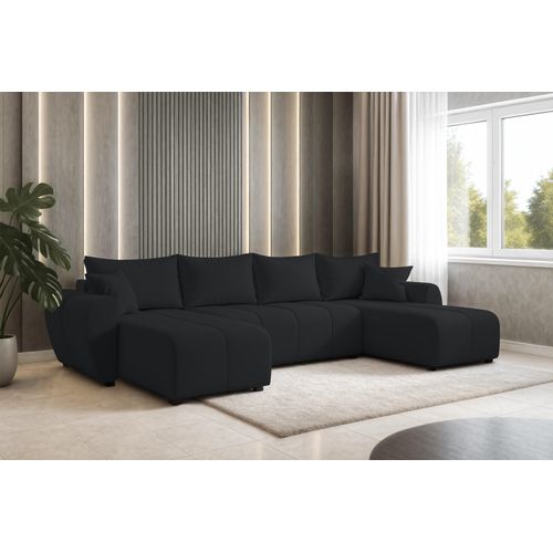 Canapé Panoramique En Tissu Noir Malatya U 311/145/82 Cm - Avec Coffre Et Fonction Lit
