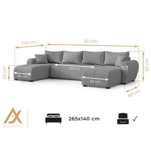 Canapé Panoramique En Tissu Noir Malatya U 311/145/82 Cm - Avec Coffre Et Fonction Lit