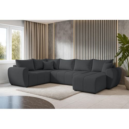 Canapé Panoramique Gauche En Tissu Gris Malatya U 303/208/82 Cm - Avec Coffre Et Fonction Lit