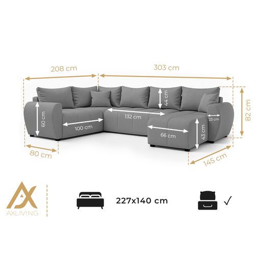 Canapé Panoramique Gauche En Tissu Gris Malatya U 303/208/82 Cm - Avec Coffre Et Fonction Lit