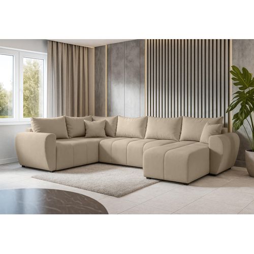 Canapé Panoramique Gauche En Tissu Marron Malatya U 303/208/82 Cm - Avec Coffre Et Fonction Lit