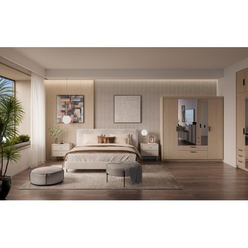 Armoire Avec Miroir 4 Portes 2 Tiroirs Storicos Chêne Huilé L.176,3 Cm - Design Moderne