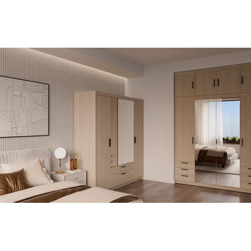 Armoire Avec Miroir 4 Portes 2 Tiroirs Storicos Chêne Huilé L.176,3 Cm - Design Moderne