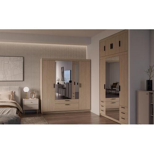 Armoire Avec Miroir 4 Portes 2 Tiroirs Storicos Chêne Huilé L.176,3 Cm - Design Moderne