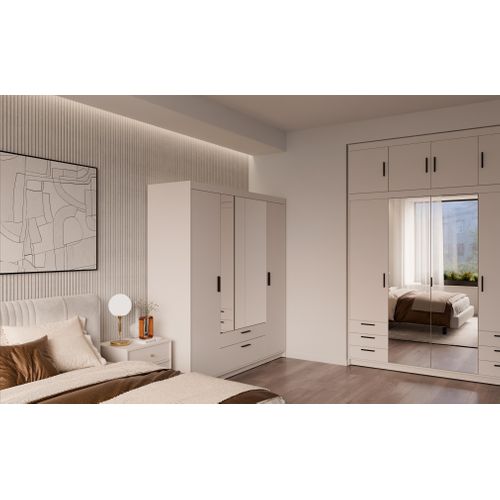 Armoire Avec Miroir 4 Portes 2 Tiroirs Storicos Beige L.176,3 Cm - Design Moderne