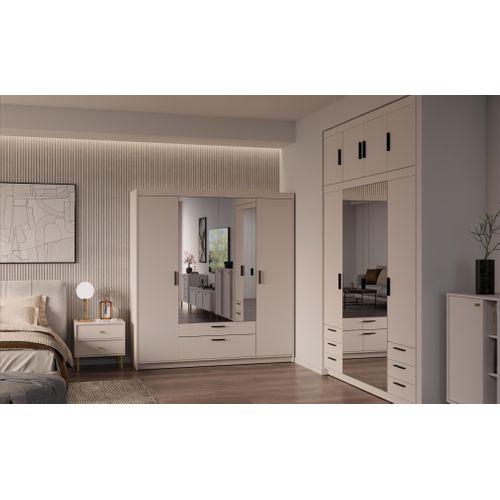 Armoire Avec Miroir 4 Portes 2 Tiroirs Storicos Beige L.176,3 Cm - Design Moderne
