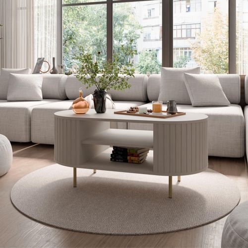 Table Basse Ovale Avec Côtés Rainurés Beige 100 X 52 Cm - Halay