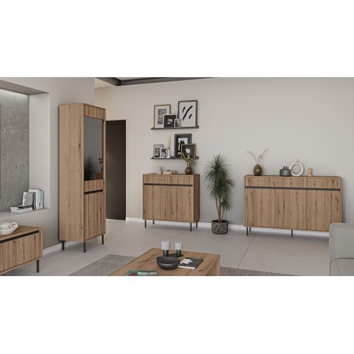 Buffet 3 Portes 3 Tiroirs Avec Façades Rainurées Chêne Evoke 149 Cm - Bodrum