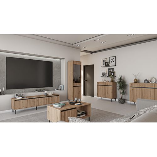 Buffet 3 Portes 3 Tiroirs Avec Façades Rainurées Chêne Evoke 149 Cm - Bodrum