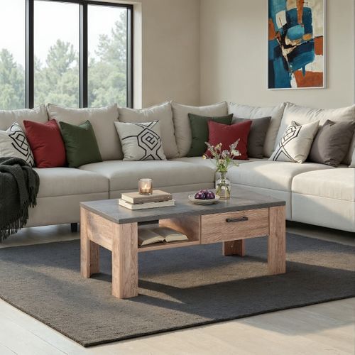 Table basse 1 tiroir ANVERS imitation chêne vieilli/ béton