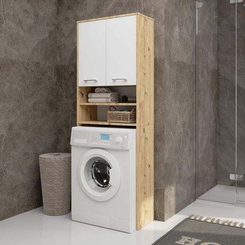 Meuble Pour Machine à Laver Fin Chêne Artisan 64 Cm 2 Portes Façade Blanche Niche