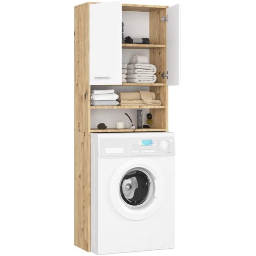 Meuble Pour Machine à Laver Fin Chêne Artisan 64 Cm 2 Portes Façade Blanche Niche