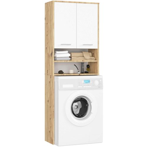 Meuble Pour Machine à Laver Fin Chêne Artisan 64 Cm 2 Portes Façade Blanche Niche