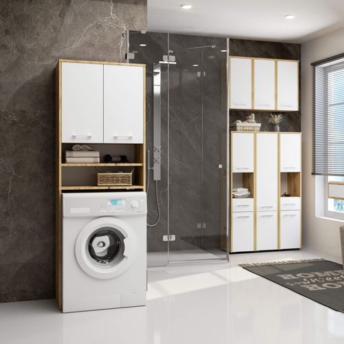 Meuble Pour Machine à Laver Fin Chêne Artisan 64 Cm 2 Portes Façade Blanche Niche