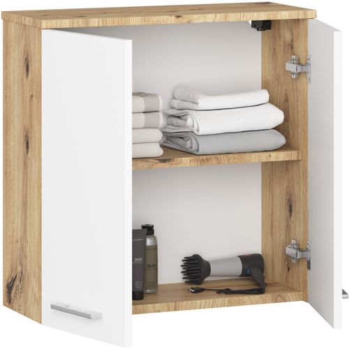 Armoire Salle De Bains Akord Fin Accr. Au Mur Chêne Artisan 60 Cm 2 Portes Façade Blanche