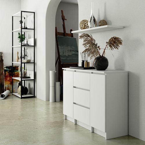 Commode K100 Blanche 101 Cm 2 Portes 3 Tiroirs Façade Blanche 4 Étagères 101x35x76 Cm