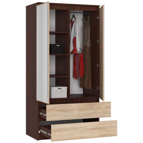 Akord Armoire 2 Portes 2 Tiroirs 2 Miroirs Wengé Et Chêne Sonoma 90x51x180