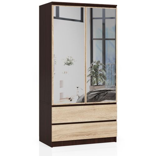 Akord Armoire 2 Portes 2 Tiroirs 2 Miroirs Wengé Et Chêne Sonoma 90x51x180
