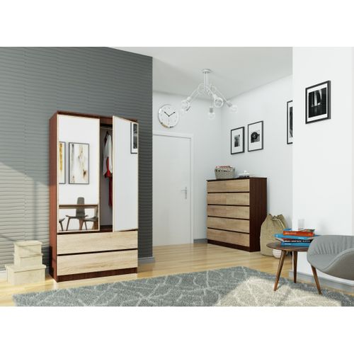 Akord Armoire 2 Portes 2 Tiroirs 2 Miroirs Wengé Et Chêne Sonoma 90x51x180
