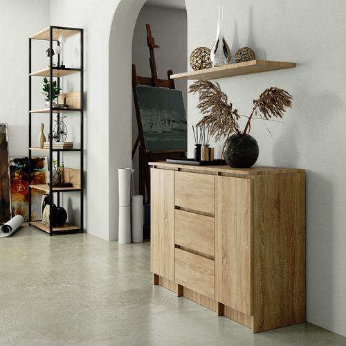 Commode K100 Chêne Sonoma 101 Cm 2 Portes 3 Tiroirs Façade Chêne Sonoma 4 Étagères 101x35x76 Cm