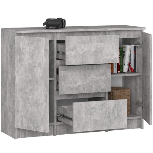 Commode K100 Béton 101 Cm 2 Portes 3 Tiroirs Façade Béton 4 Étagères 101x35x76 Cm