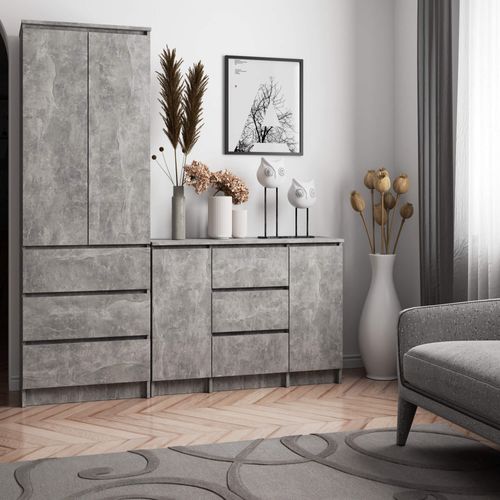 Commode K100 Béton 101 Cm 2 Portes 3 Tiroirs Façade Béton 4 Étagères 101x35x76 Cm