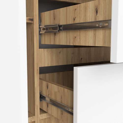 Commode K100 Chêne Artisan 101 Cm 2 Portes 3 Tiroirs Façade Blanche 4 Étagères 101x35x76 Cm