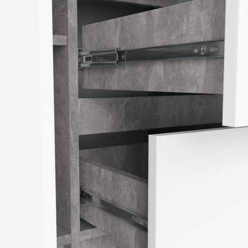 Commode K100 Béton 101 Cm 2 Portes 3 Tiroirs Façade Blanche 4 Étagères 101x35x76 Cm