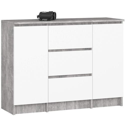 Commode K100 Béton 101 Cm 2 Portes 3 Tiroirs Façade Blanche 4 Étagères 101x35x76 Cm