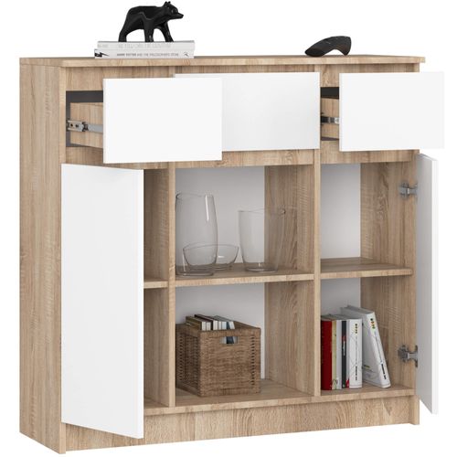 Commode K100 Chêne Sonoma 101 Cm 2 Portes 3 Tiroirs Façade Blanche 6 Étagères 101x35x98 Cm