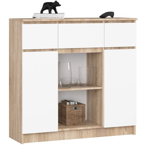 Commode K100 Chêne Sonoma 101 Cm 2 Portes 3 Tiroirs Façade Blanche 6 Étagères 101x35x98 Cm