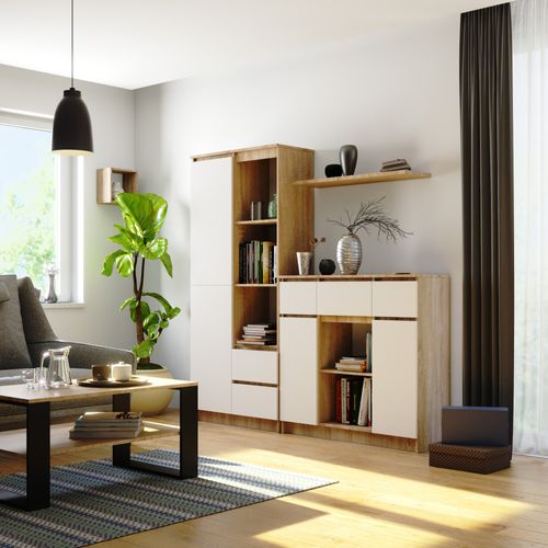 Commode K100 Chêne Sonoma 101 Cm 2 Portes 3 Tiroirs Façade Blanche 6 Étagères 101x35x98 Cm