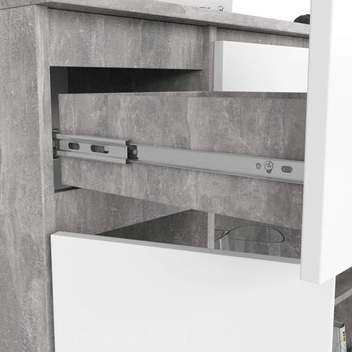 Commode K100 Béton 101 Cm 2 Portes 3 Tiroirs Façade Blanche 6 Étagères 101x35x98 Cm