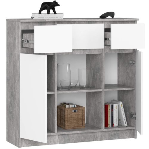 Commode K100 Béton 101 Cm 2 Portes 3 Tiroirs Façade Blanche 6 Étagères 101x35x98 Cm