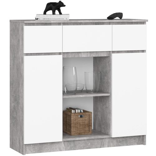Commode K100 Béton 101 Cm 2 Portes 3 Tiroirs Façade Blanche 6 Étagères 101x35x98 Cm