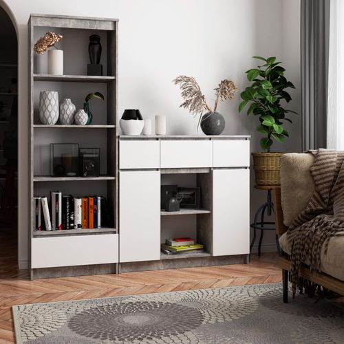 Commode K100 Béton 101 Cm 2 Portes 3 Tiroirs Façade Blanche 6 Étagères 101x35x98 Cm