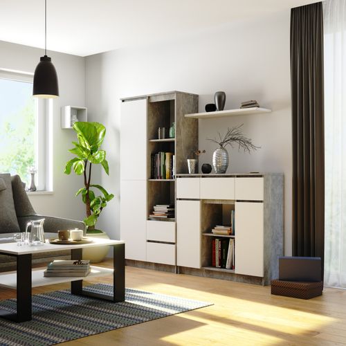 Commode K100 Béton 101 Cm 2 Portes 3 Tiroirs Façade Blanche 6 Étagères 101x35x98 Cm