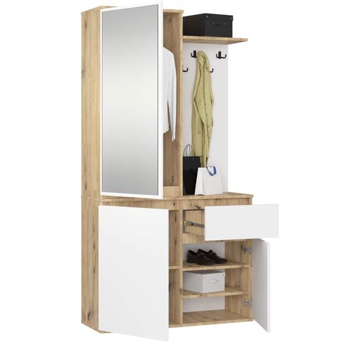 Ensemble De Meubles D'entrée Entro Chêne Artisan, Blanc Avec Armoire Et Miroir 95x35x183 Cm
