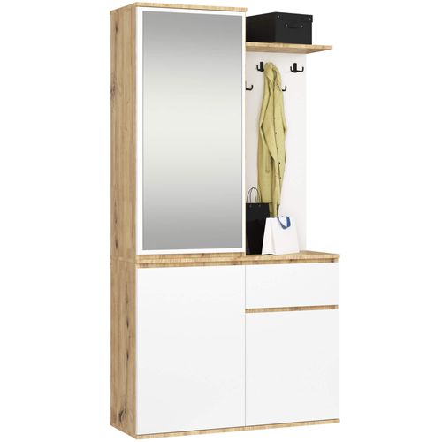 Ensemble De Meubles D'entrée Entro Chêne Artisan, Blanc Avec Armoire Et Miroir 95x35x183 Cm