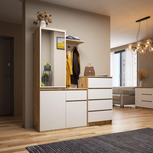 Ensemble De Meubles D'entrée Entro Chêne Artisan, Blanc Avec Armoire Et Miroir 95x35x183 Cm