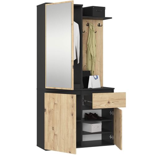 Ensemble De Meubles D'entrée Entro Noir, Chêne Artisan Avec Armoire Et Miroir 95x35x183 Cm