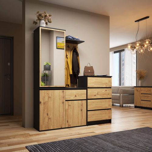 Ensemble De Meubles D'entrée Entro Noir, Chêne Artisan Avec Armoire Et Miroir 95x35x183 Cm