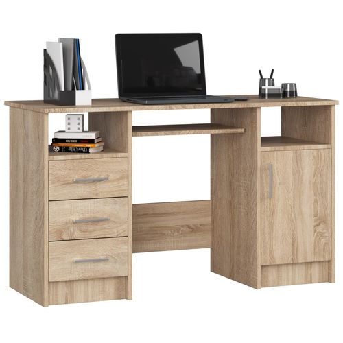 Bureau D'ordinateur Akord Ana Chêne Sonoma 124 Cm 1 Porte 3 Tiroirs Façade Chêne Sonoma