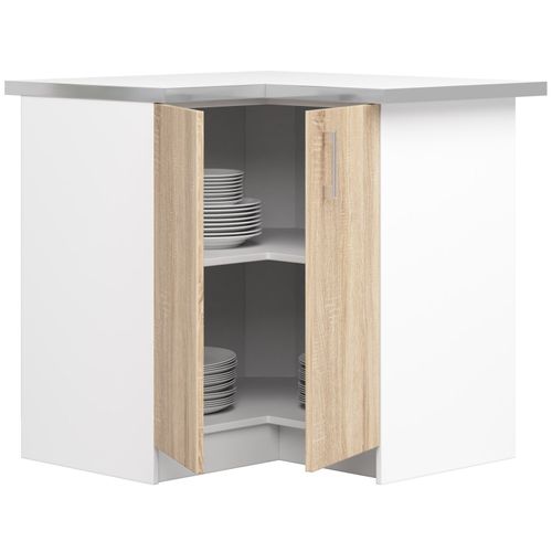 Meuble De Cuisine Bas S90 D'angle Lima Modul. Blanc 84 Cm 2 Portes Façade Chêne Sonoma 2 Étagères