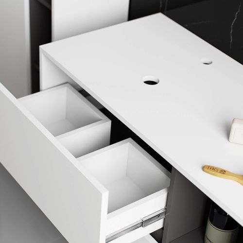 Meuble Avec Vasque à Poser Vami Suspendu Blanche, Gris Graphite 2 Tiroirs 2 Étagères 90x45,5x60 Cm