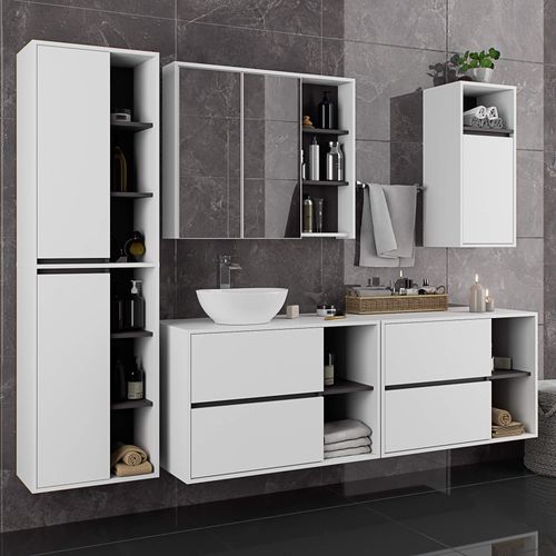 Armoire Salle De Bains Vami Suspendu Blanche, Gris Graphite 35 Cm 1 Porte 3 Étagères 35x30x80 Cm