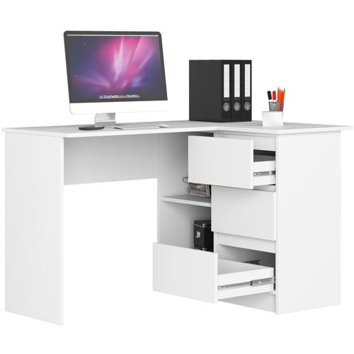 Bureau Akord D'angle Droit B16 Blanc 124 Cm 3 Tiroirs Façade Blanche 2 Étagères 124x85x77 Cm